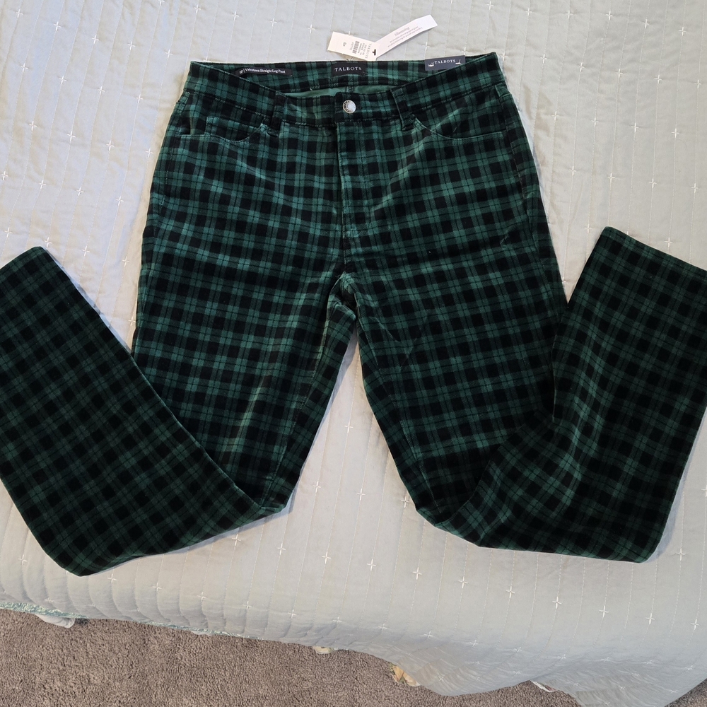 NWT green velvet Plaid women's straight leg pants